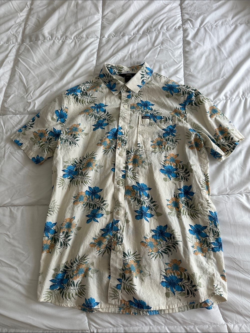 Volcom Cream Short-Sleeve Button-Down with Blue Floral Print and Tan Accents